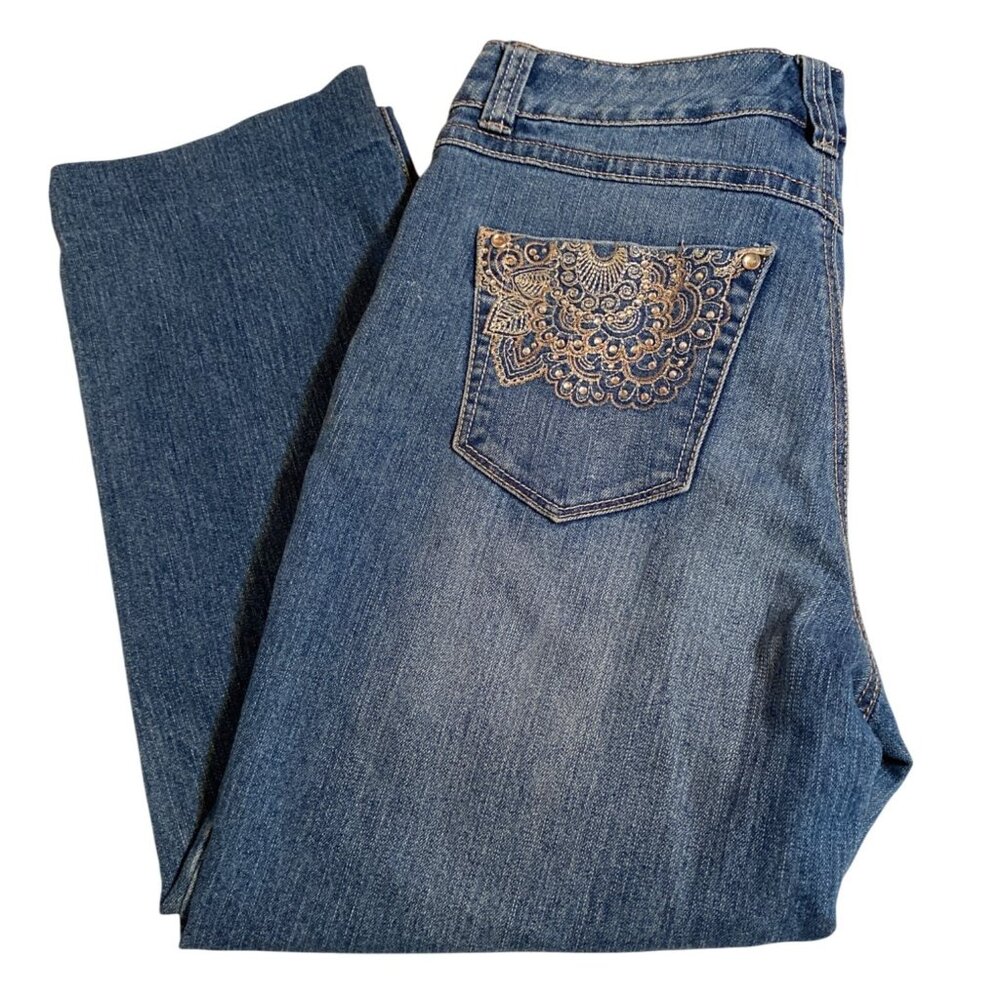 Bandolino Capri Jeans with Rhinestone Accents on Pockets. Home Hemmed Legs